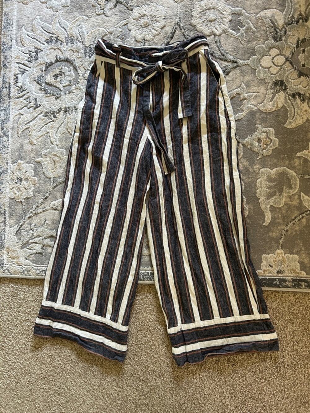 Banana Republic Striped Wide-Leg Tie-Waist Pants in Navy and Cream